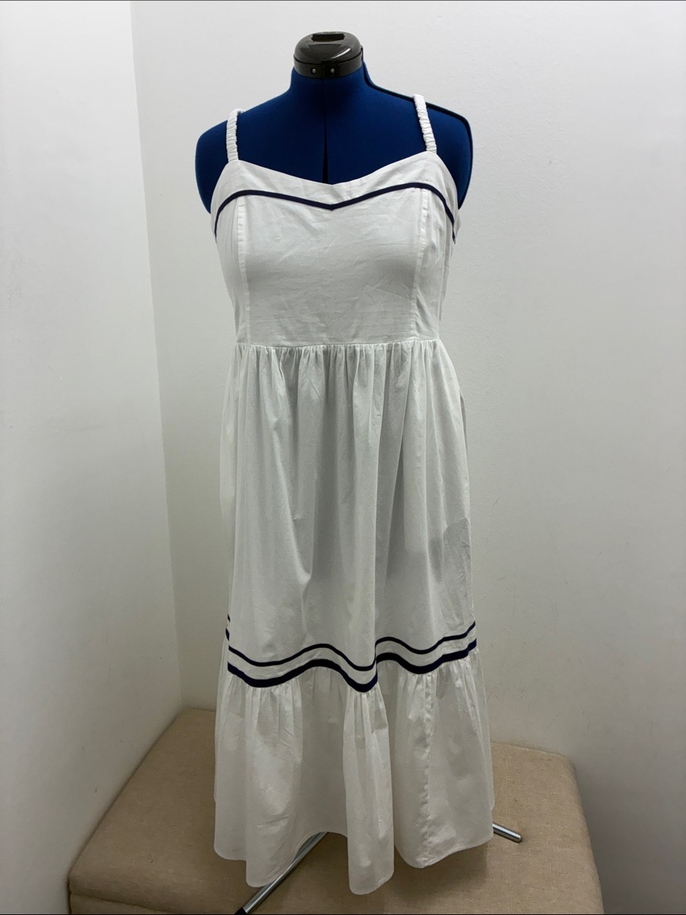 J. Crew White Maxi Dress with Navy Trim